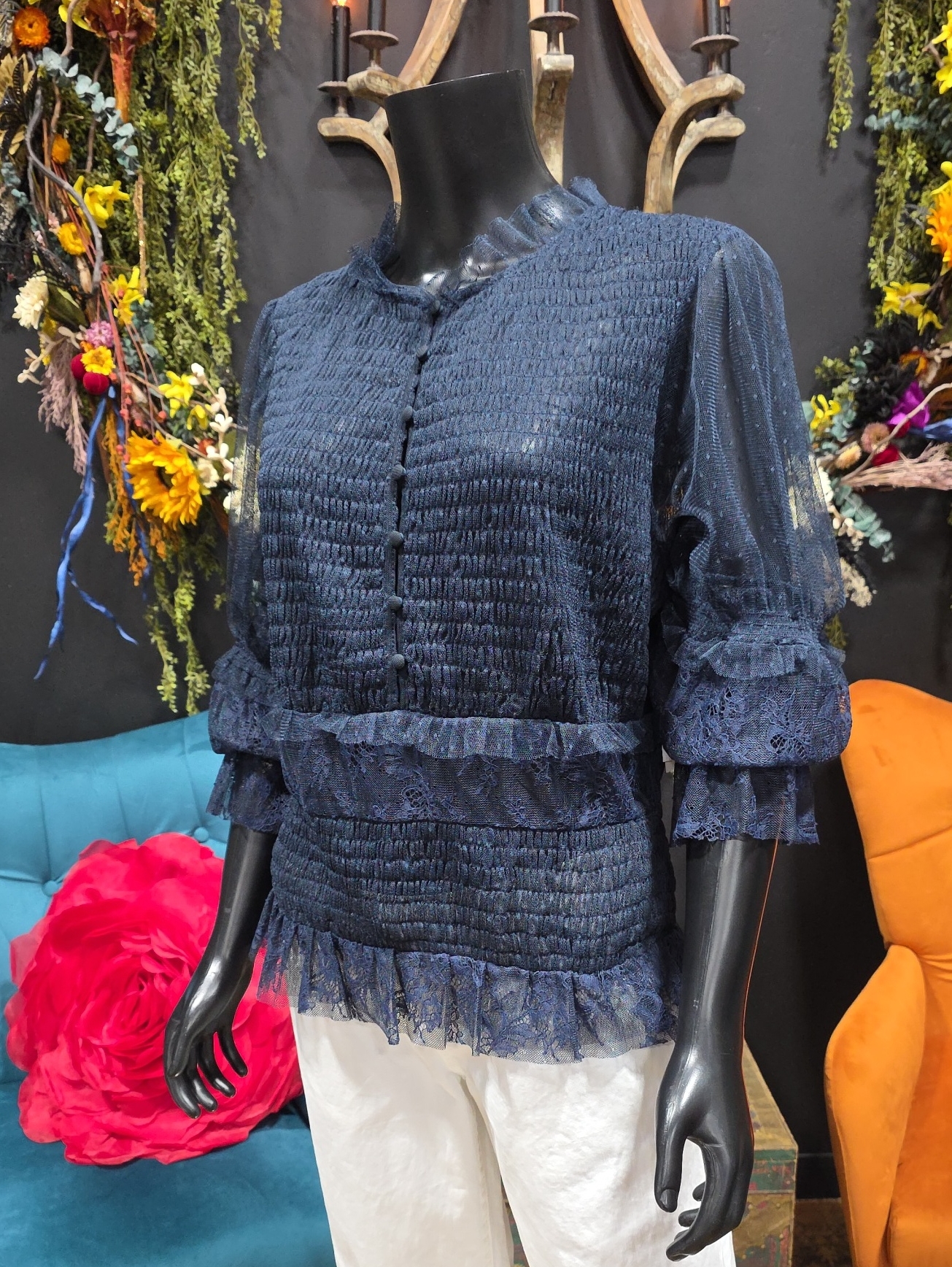 Anthropologie Navy Smocked Mesh Lace Ruffle Blouse